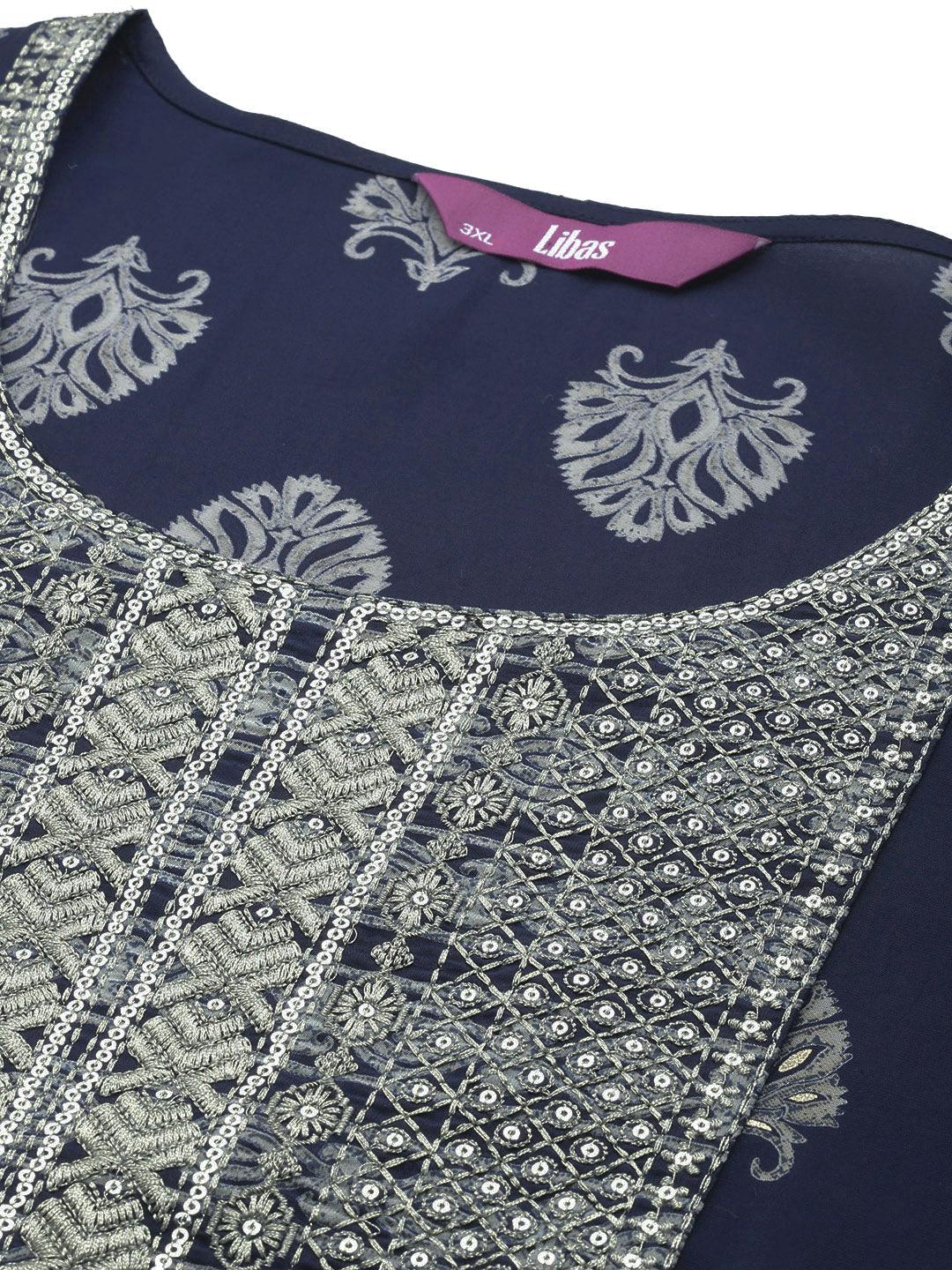 Blue Printed Silk Blend Straight Kurta With Trousers & Dupatta - ShopLibas