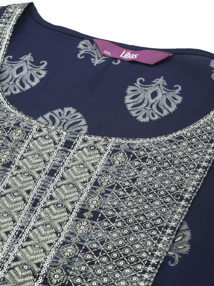 Blue Printed Silk Blend Straight Kurta With Trousers & Dupatta - ShopLibas