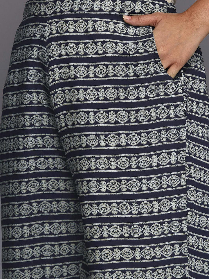 Blue Printed Silk Blend Straight Kurta With Trousers & Dupatta - ShopLibas