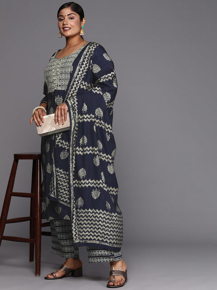 Blue Printed Silk Blend Straight Kurta With Trousers & Dupatta - ShopLibas