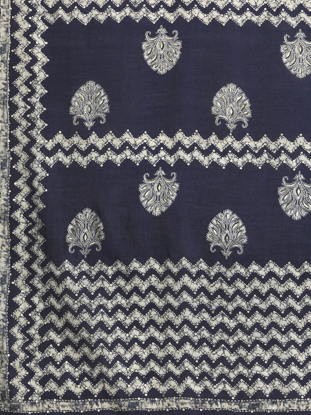 Blue Printed Silk Blend Straight Kurta With Trousers & Dupatta - ShopLibas