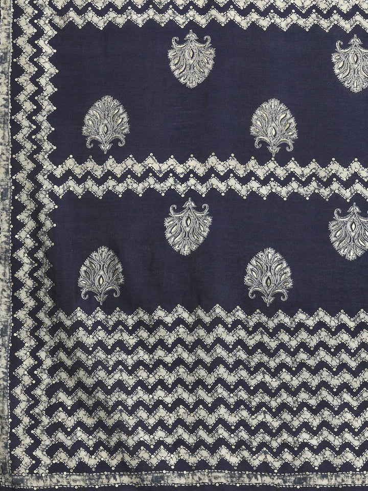 Blue Printed Silk Blend Straight Kurta With Trousers & Dupatta - ShopLibas
