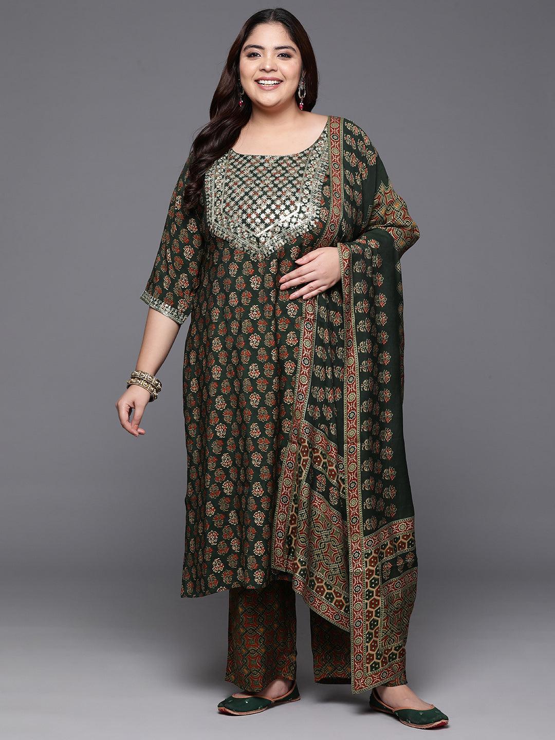 Plus Size Green Yoke Design Silk Blend Straight Kurta With Trousers & Dupatta - ShopLibas 