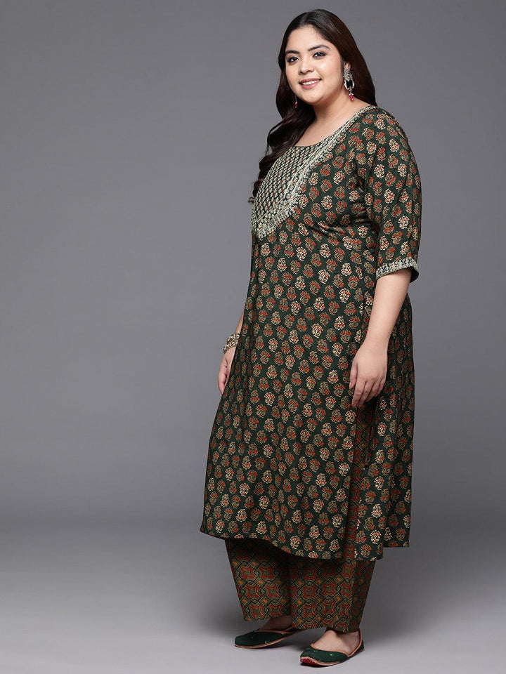 Plus Size Green Yoke Design Silk Blend Straight Suit With Dupatta