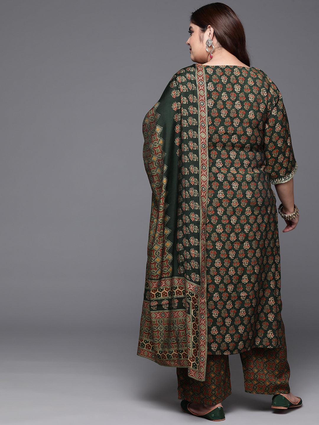 Plus Size Green Yoke Design Silk Blend Straight Kurta With Trousers & Dupatta - ShopLibas 