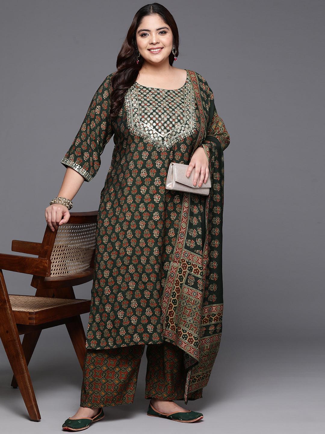 Plus Size Green Yoke Design Silk Blend Straight Kurta With Trousers & Dupatta - ShopLibas
