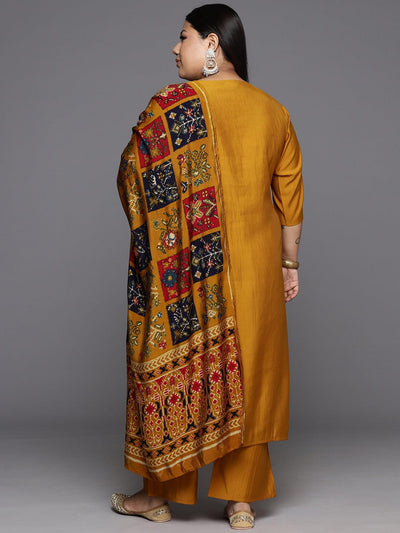Mustard Printed Silk Blend Straight Kurta With Trousers & Dupatta - ShopLibas