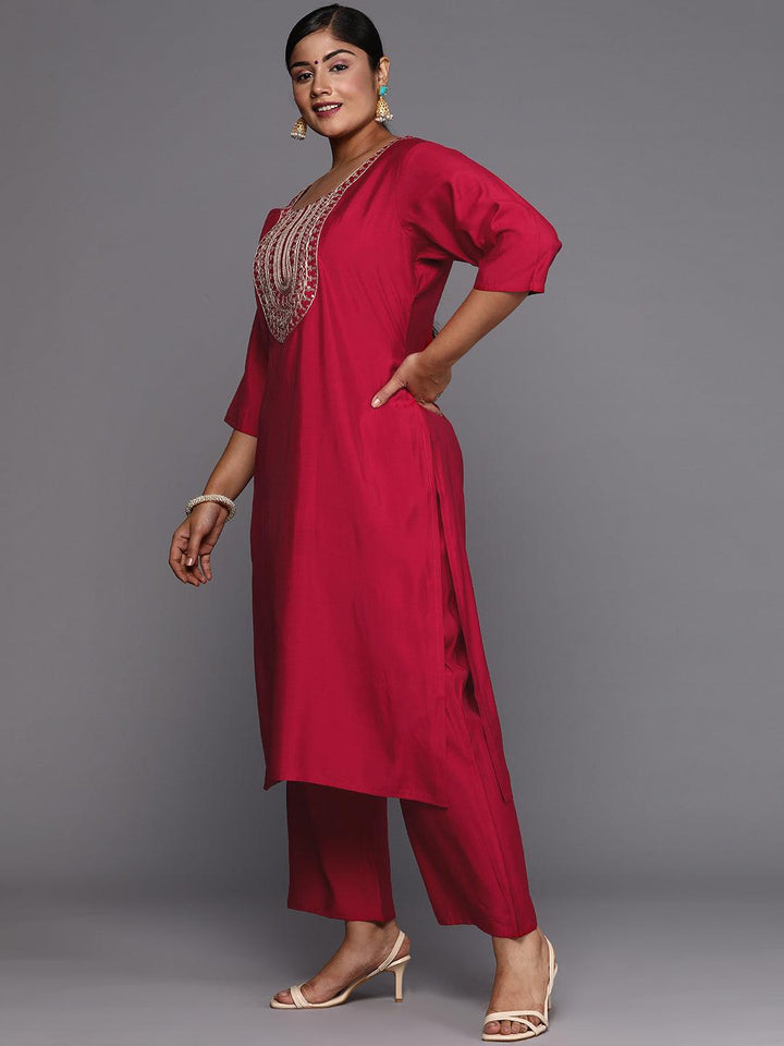 Pink Printed Silk Blend Straight Kurta With Trousers & Dupatta - ShopLibas