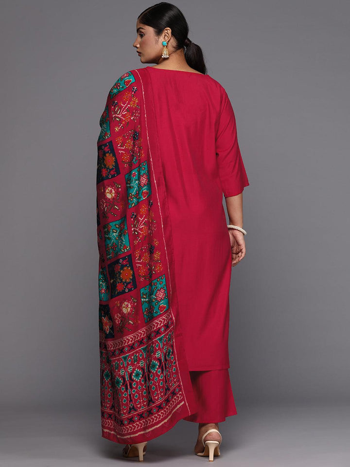 Pink Printed Silk Blend Straight Kurta With Trousers & Dupatta - ShopLibas
