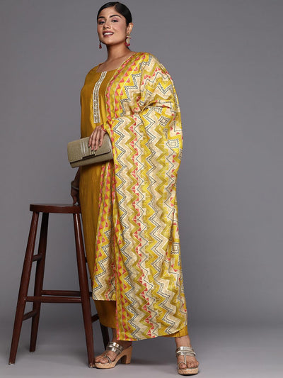 Mustard Printed Silk Blend Straight Kurta With Trousers & Dupatta - ShopLibas