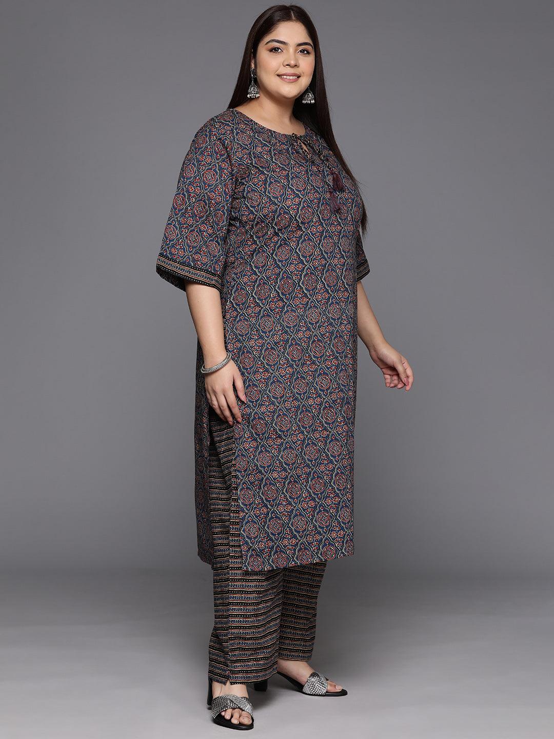 Plus Size Blue Printed Cotton Straight Kurta With Trousers & Dupatta - ShopLibas 