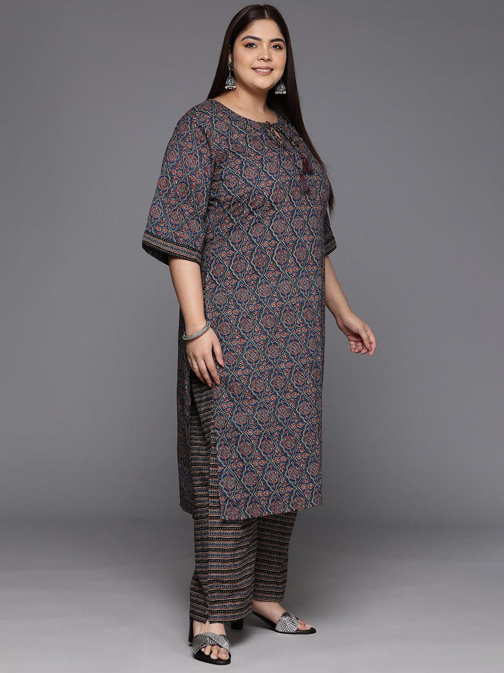 Plus Size Blue Printed Cotton Straight Suit With Dupatta