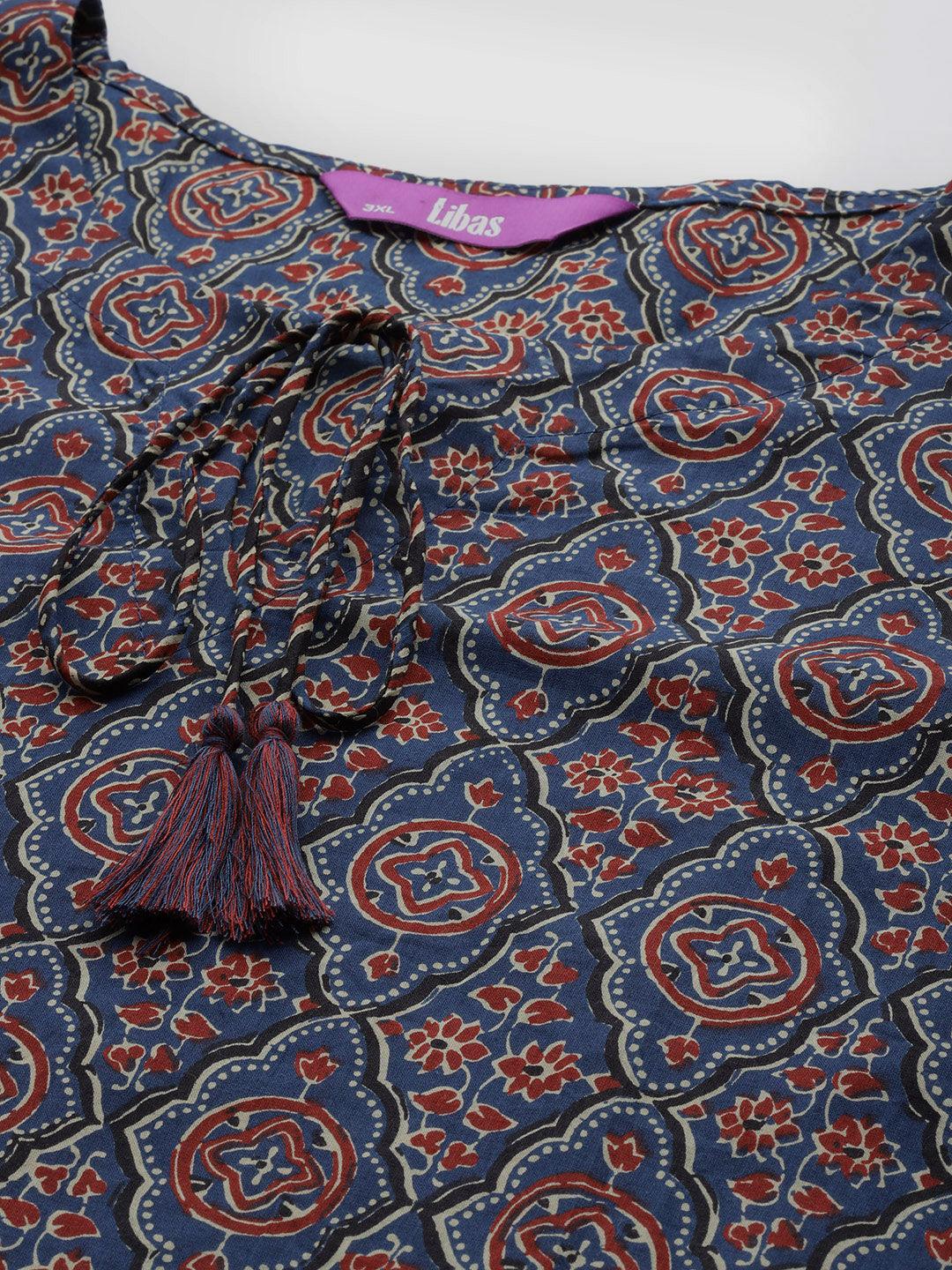 Plus Size Blue Printed Cotton Straight Kurta With Trousers & Dupatta - ShopLibas 