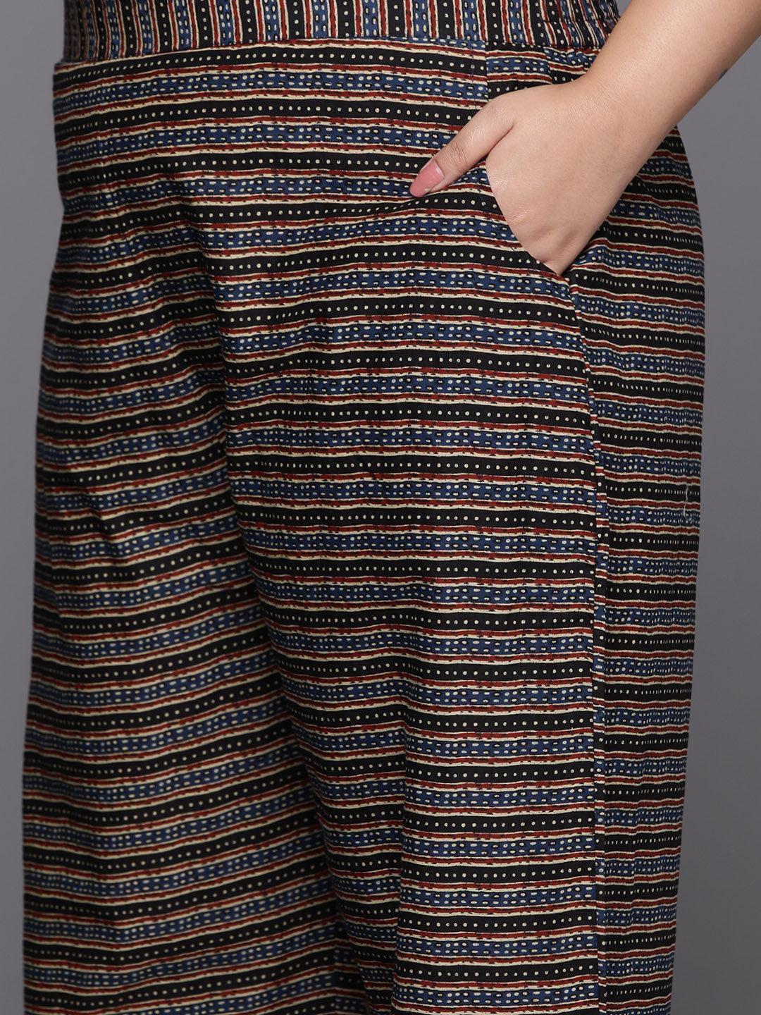 Plus Size Blue Printed Cotton Straight Kurta With Trousers & Dupatta - ShopLibas 