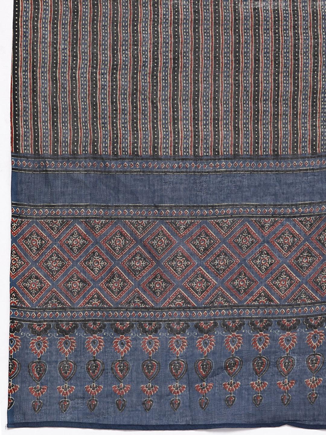 Plus Size Blue Printed Cotton Straight Kurta With Trousers & Dupatta - ShopLibas 