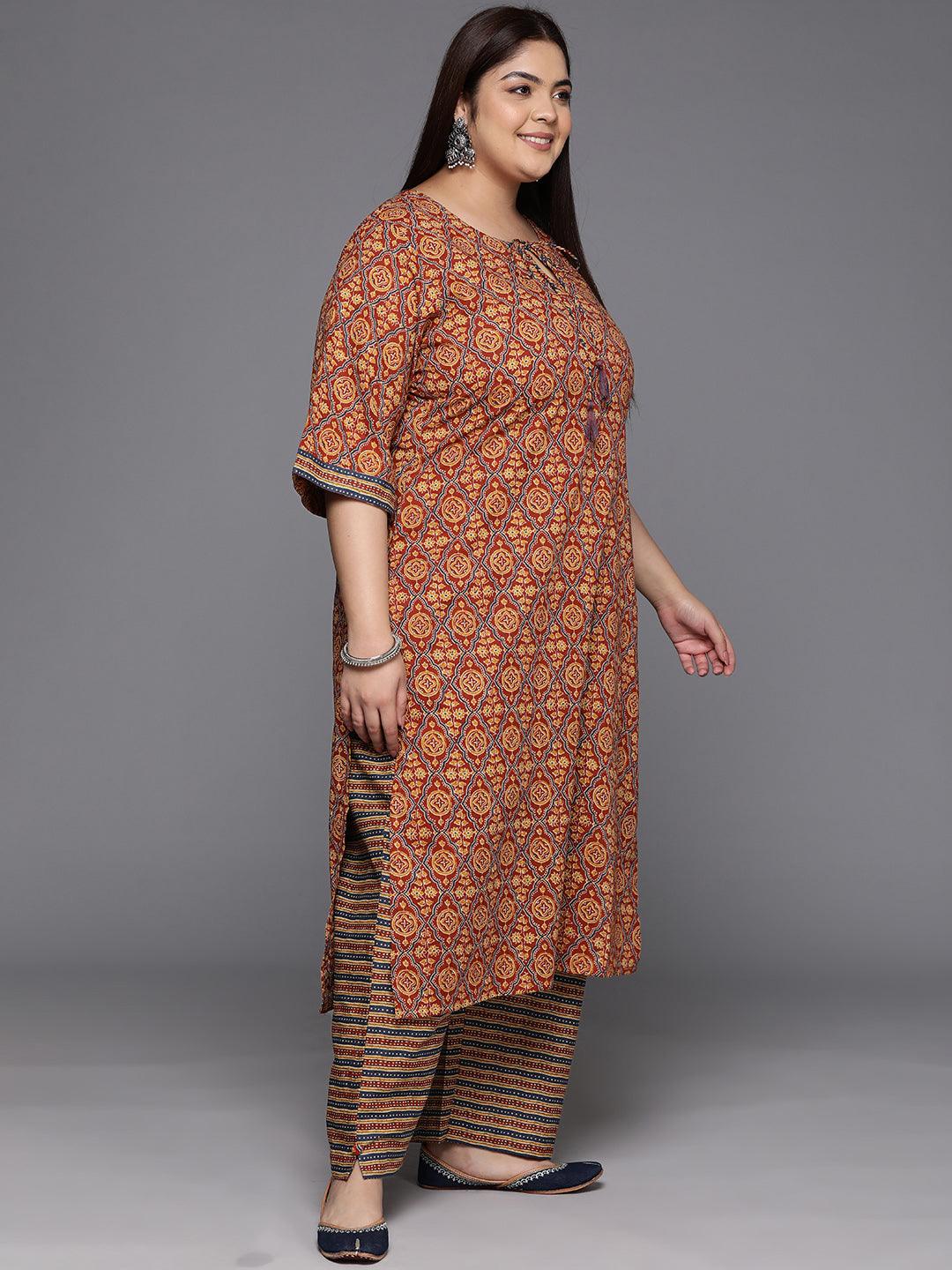 Plus Size Maroon Printed Cotton Straight Kurta With Trousers & Dupatta - ShopLibas 