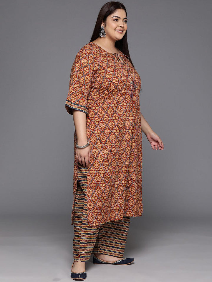 Plus Size Maroon Printed Cotton Straight Suit With Dupatta