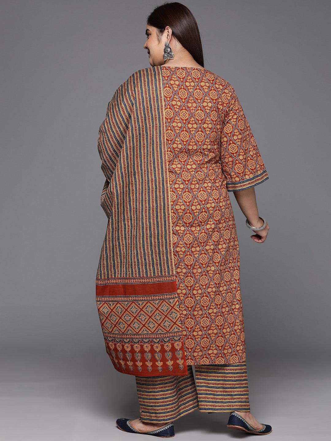 Plus Size Maroon Printed Cotton Straight Kurta With Trousers & Dupatta - ShopLibas 