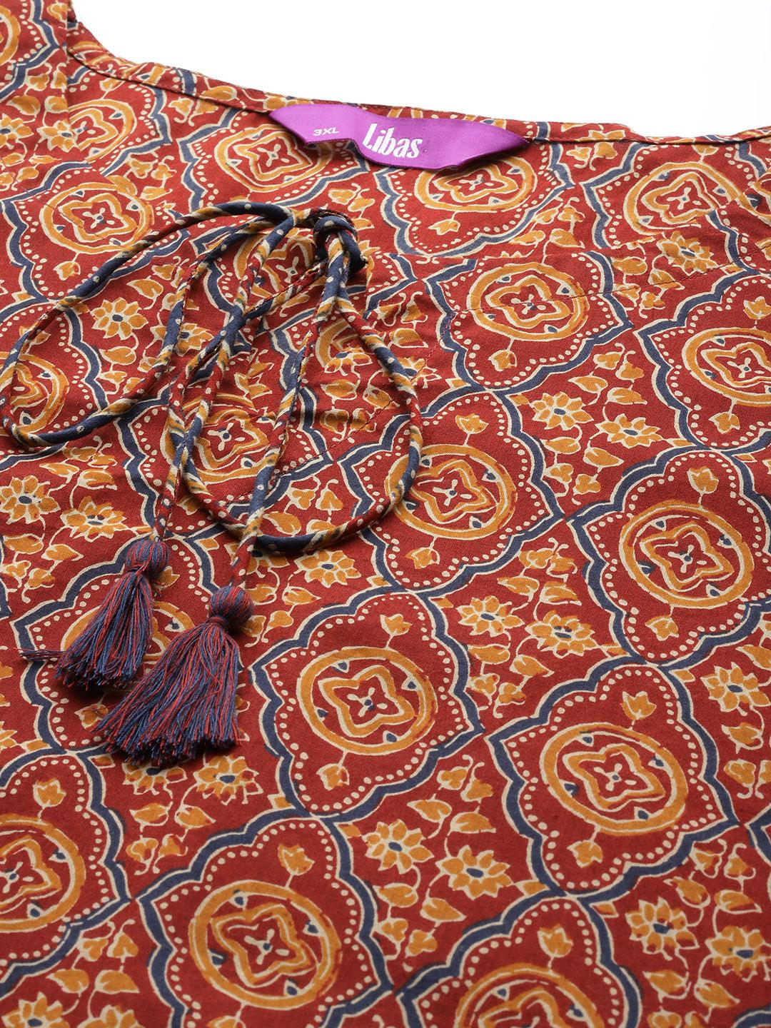 Plus Size Maroon Printed Cotton Straight Kurta With Trousers & Dupatta - ShopLibas 