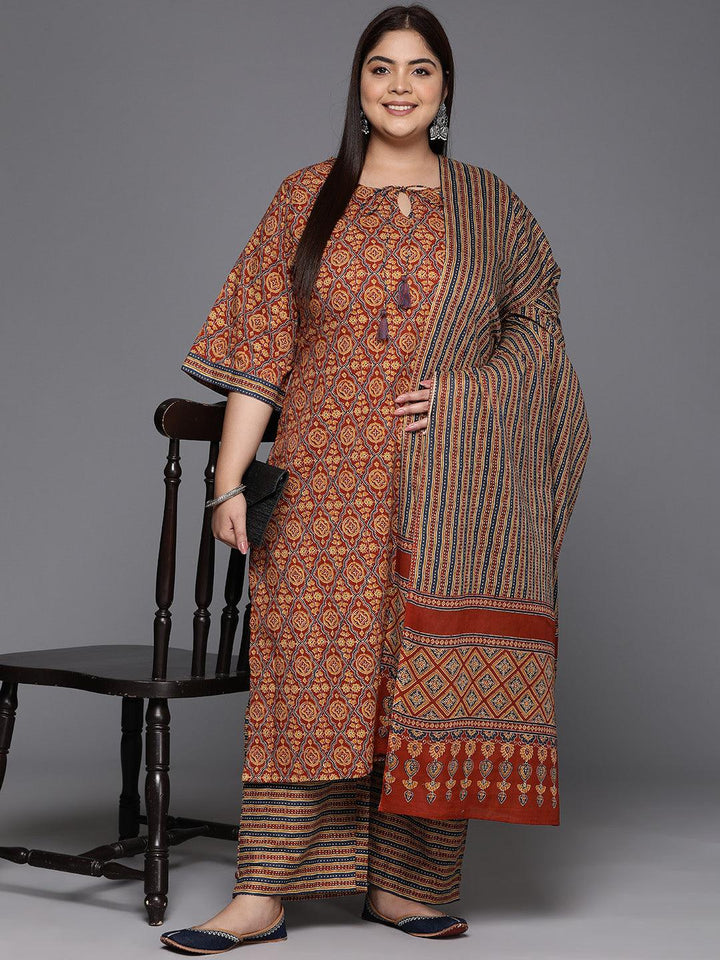 Plus Size Maroon Printed Cotton Straight Suit With Dupatta