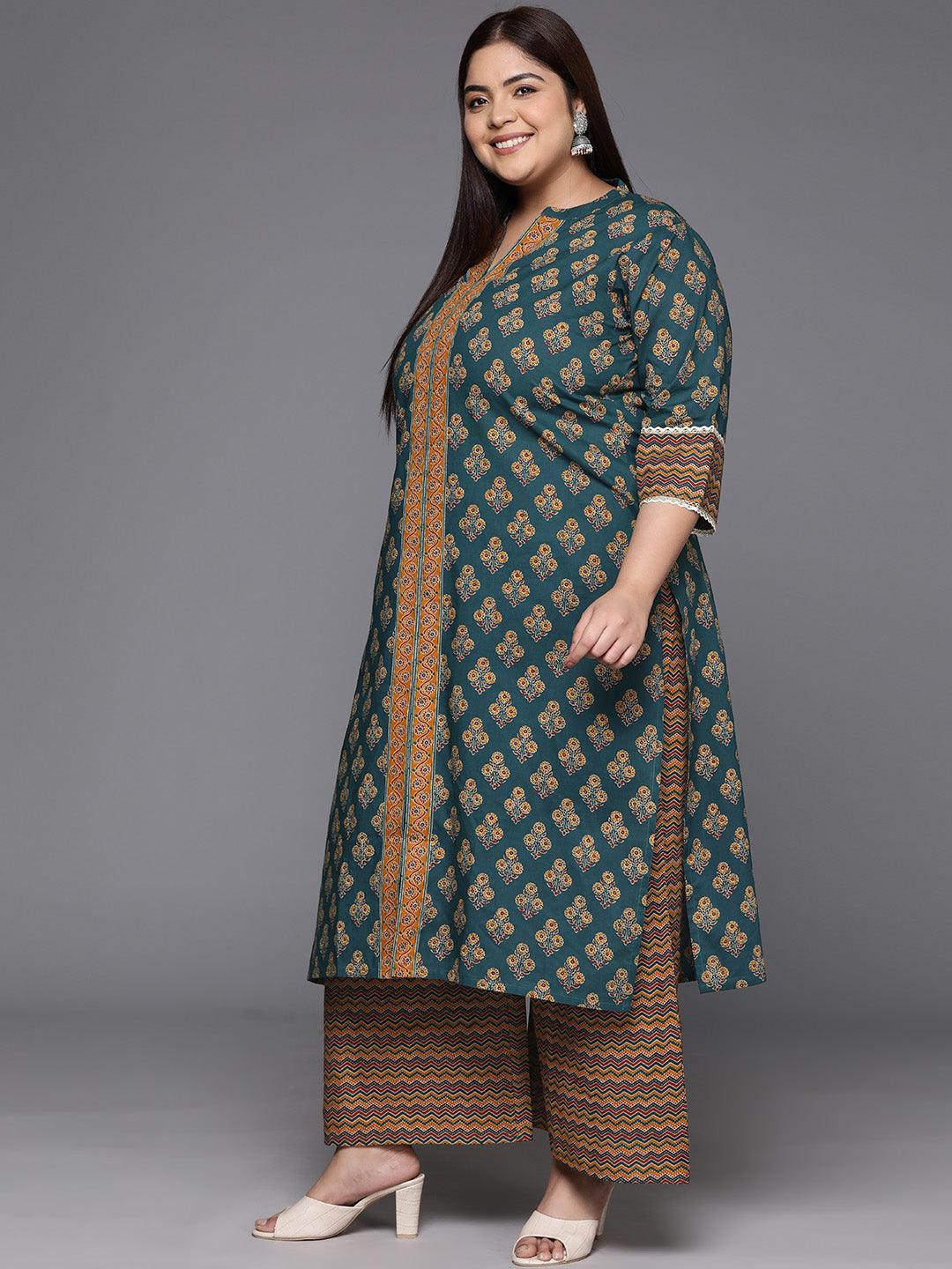 Plus Size Green Printed Cotton Straight Kurta With Palazzos & Dupatta - ShopLibas 