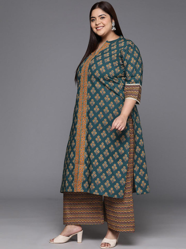 Plus Size Green Printed Cotton Straight Suit With Dupatta