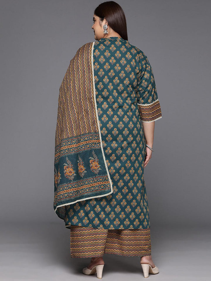 Plus Size Green Printed Cotton Straight Suit With Dupatta