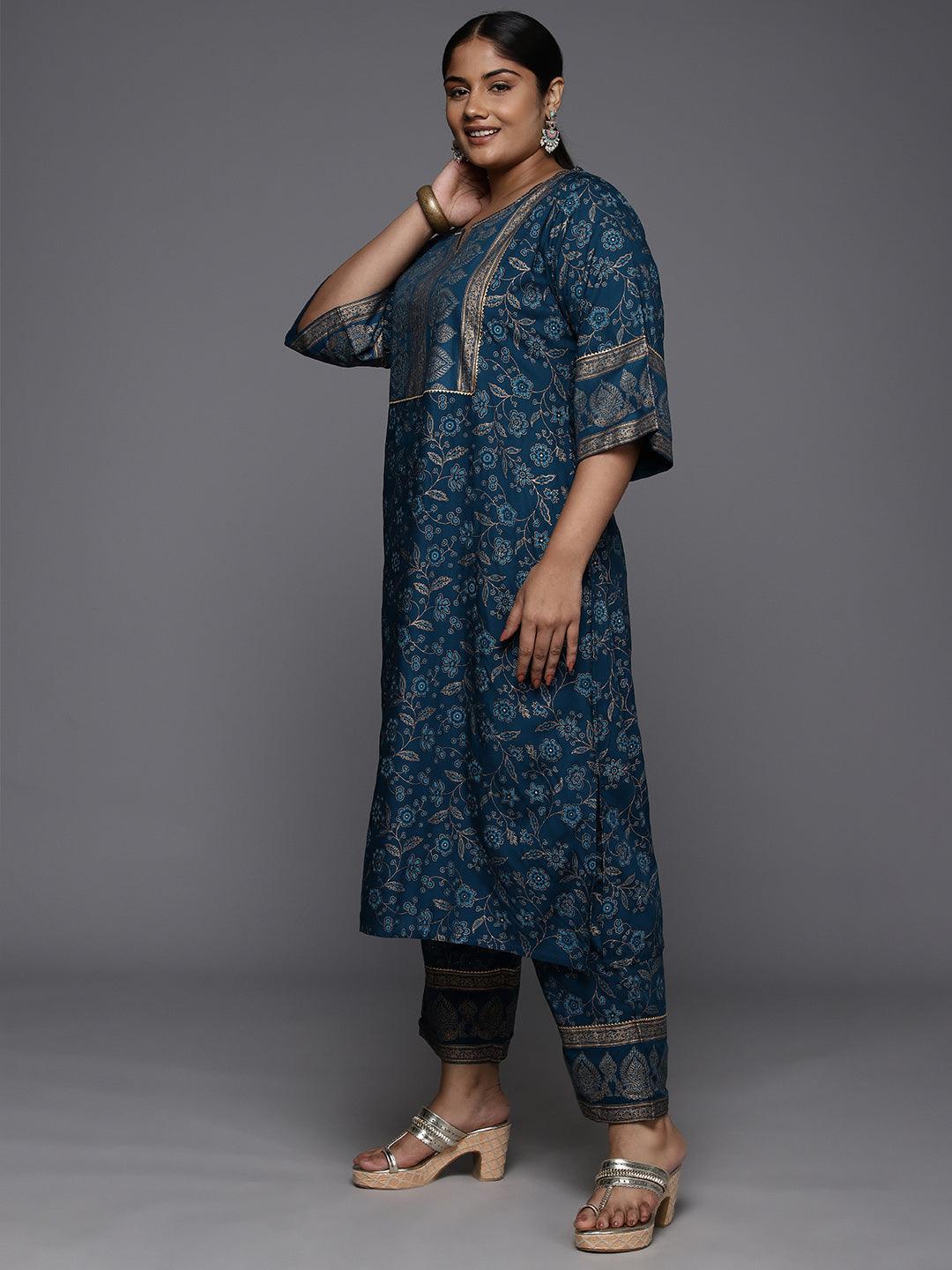 Plus Size Blue Yoke Design Rayon A-Line Kurta With Trousers & Dupatta - ShopLibas 
