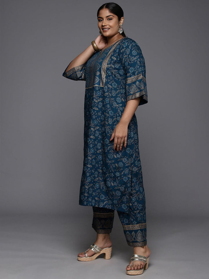 Plus Size Blue Yoke Design Rayon A-Line Kurta With Trousers & Dupatta