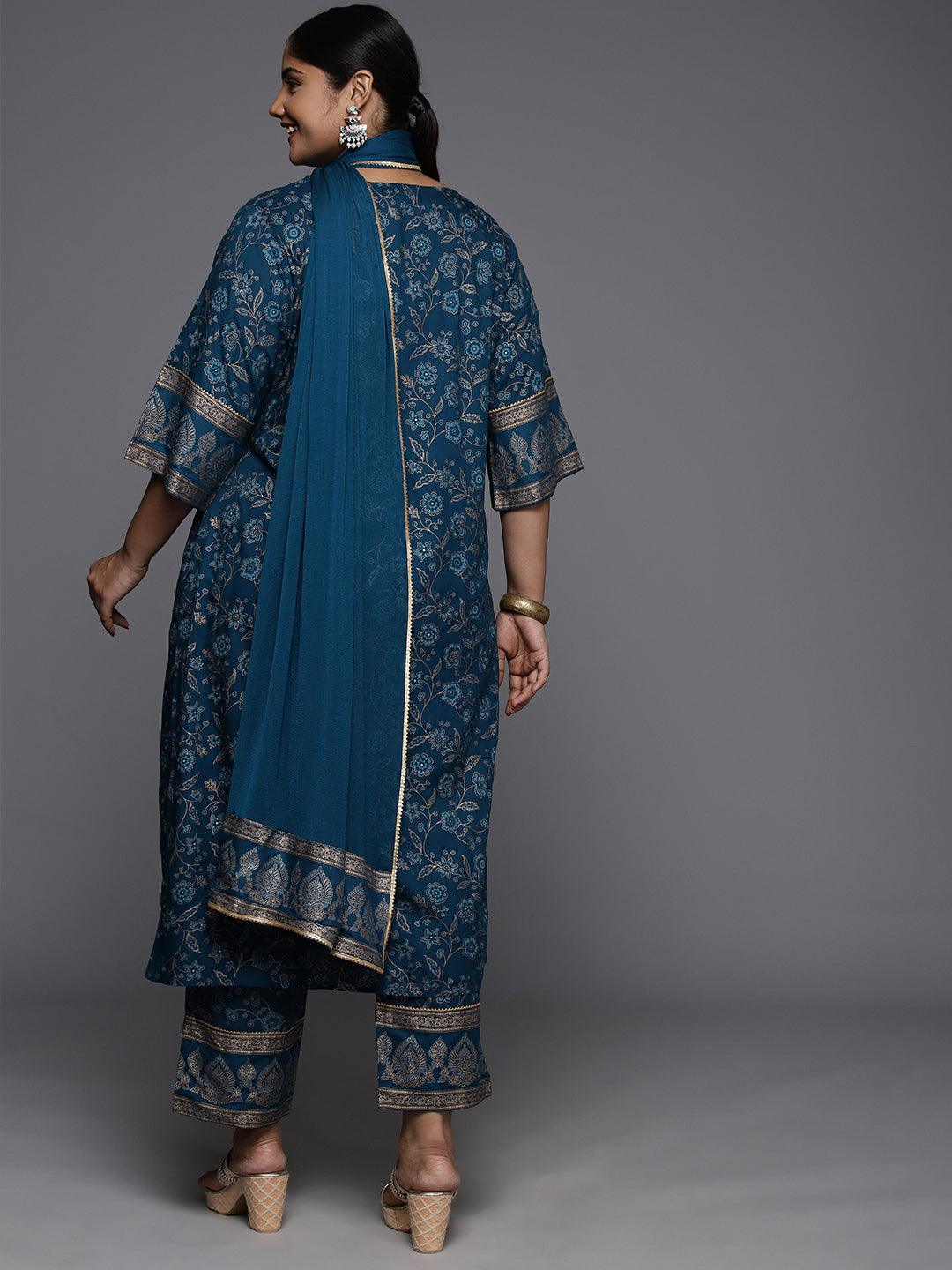 Plus Size Blue Yoke Design Rayon A-Line Kurta With Trousers & Dupatta - ShopLibas 