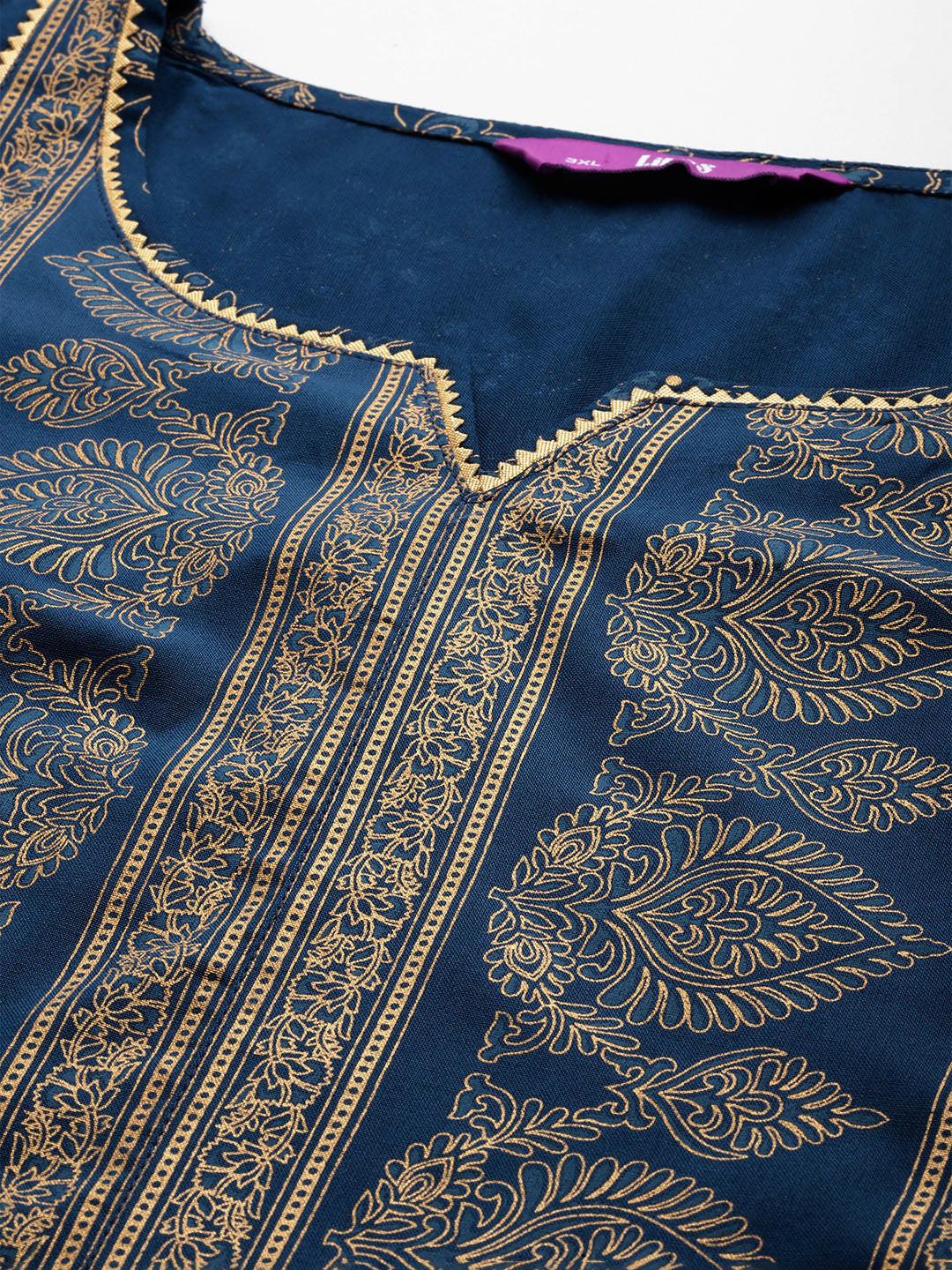 Plus Size Blue Yoke Design Rayon A-Line Kurta With Trousers & Dupatta - ShopLibas 