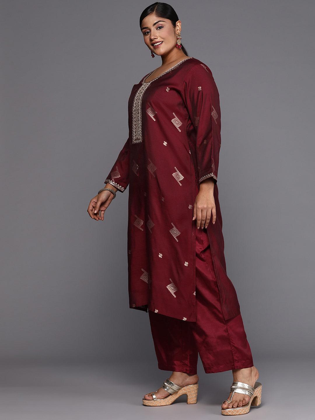 Maroon Woven Design Chanderi Silk Straight Kurta With Trousers & Dupatta - ShopLibas 