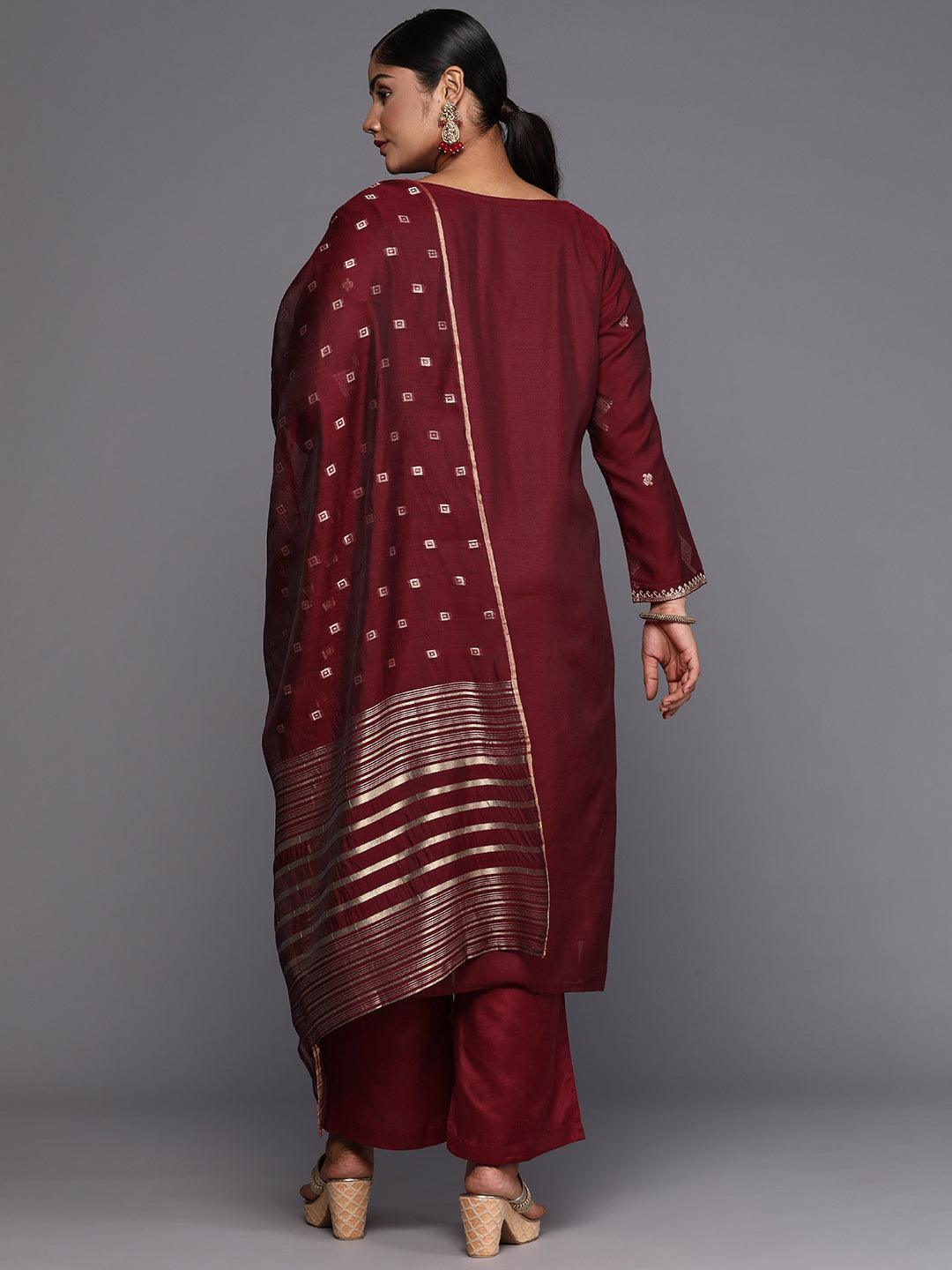 Maroon Woven Design Chanderi Silk Straight Kurta With Trousers & Dupatta - ShopLibas 