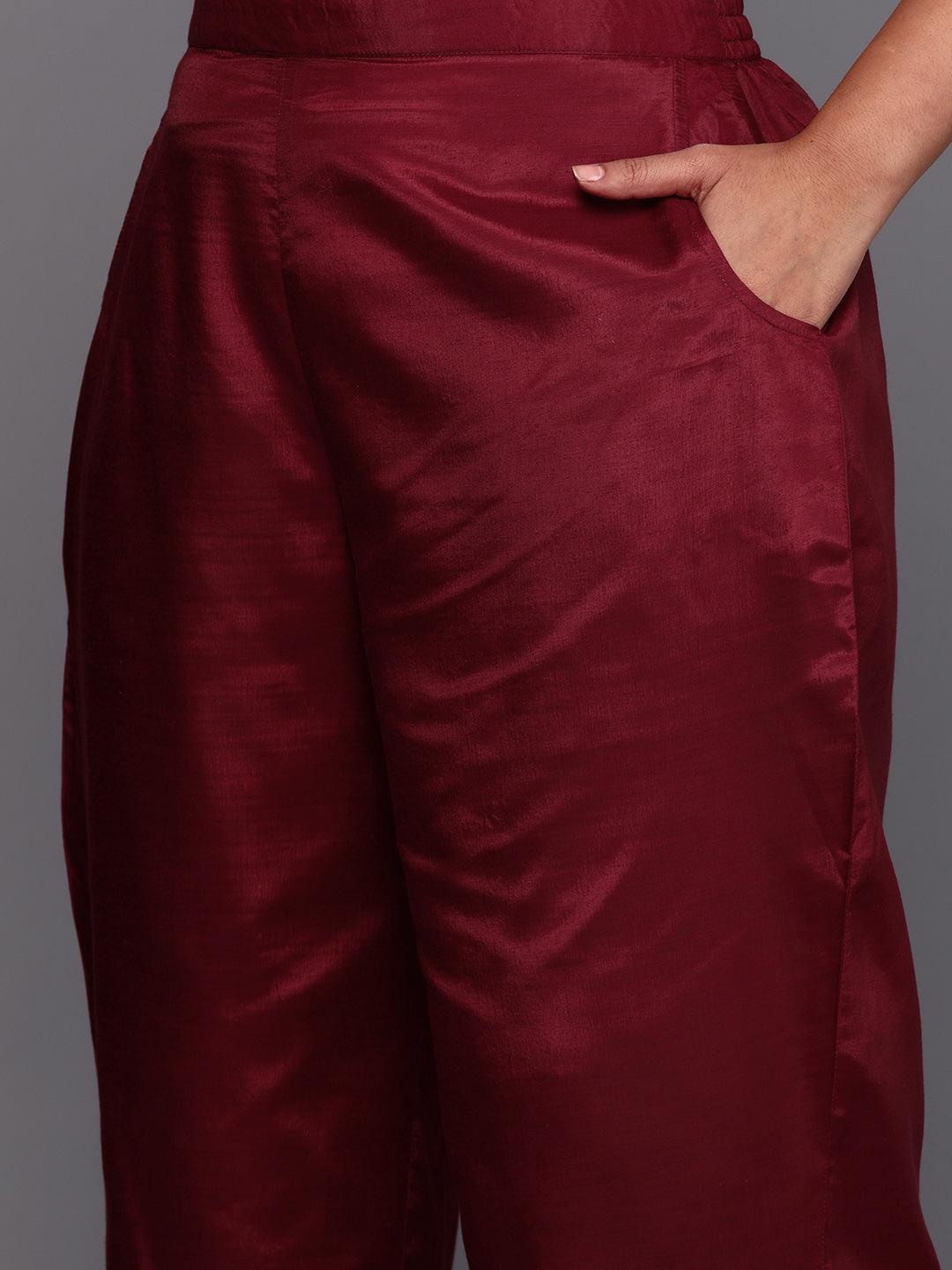 Maroon Woven Design Chanderi Silk Straight Kurta With Trousers & Dupatta - ShopLibas 