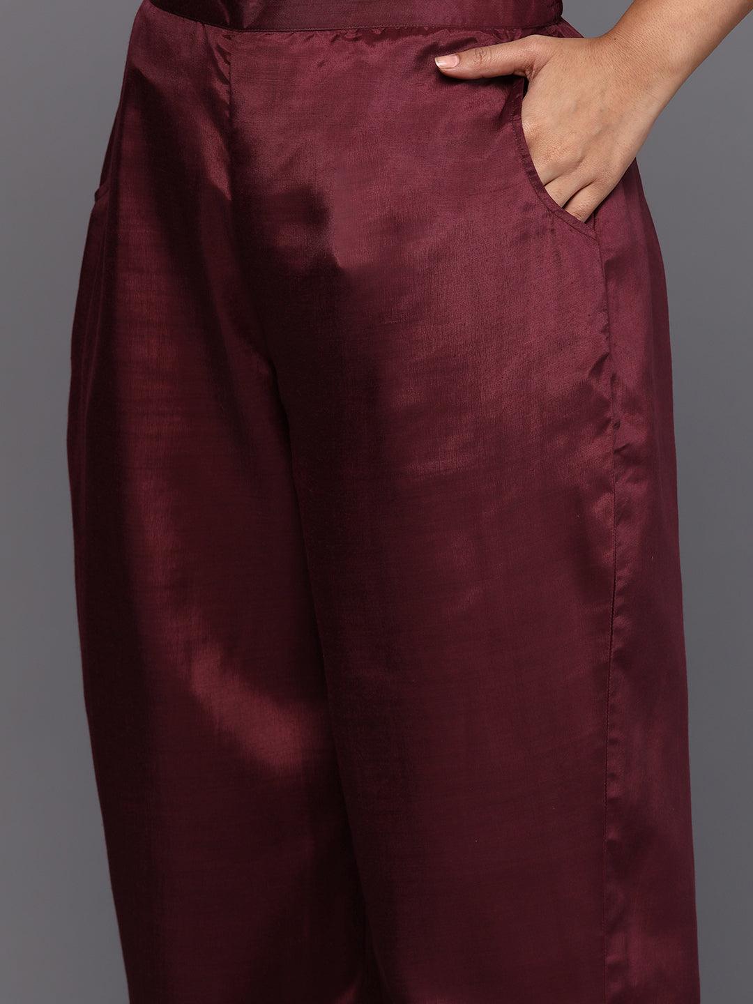 Wine Woven Design Chanderi Silk Straight Kurta With Trousers & Dupatta - ShopLibas