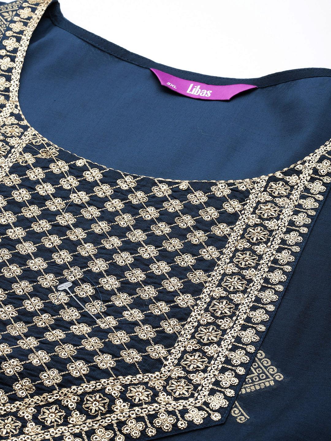 Blue Woven Design Chanderi Silk Straight Kurta With Trousers & Dupatta - ShopLibas