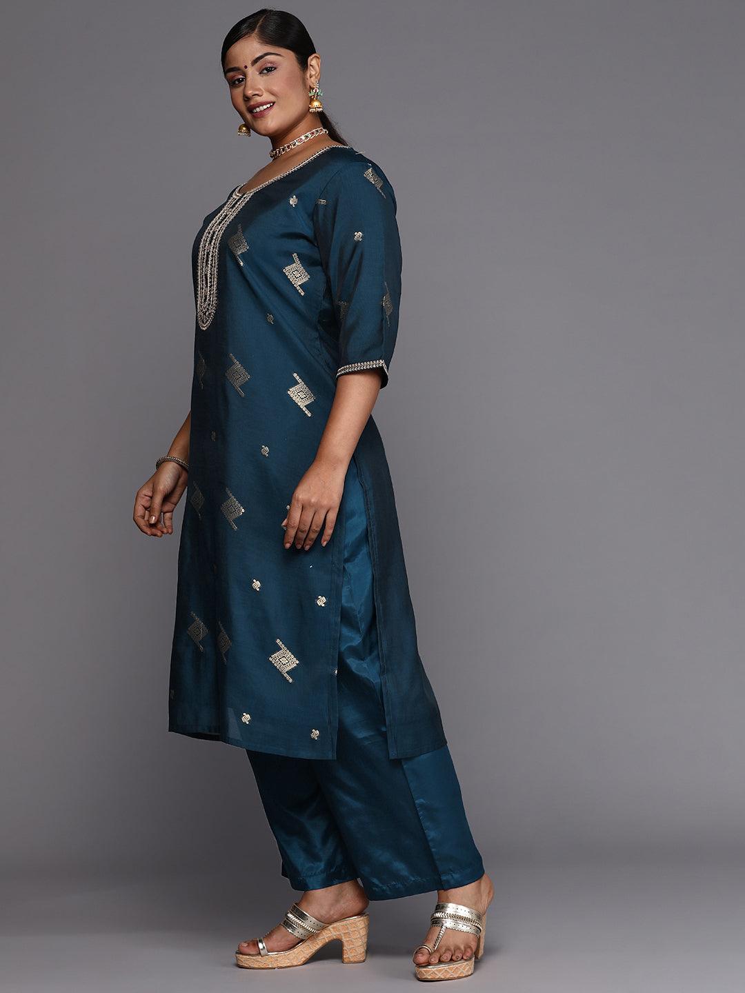 Blue Woven Design Chanderi Silk Straight Kurta With Trousers & Dupatta - ShopLibas 