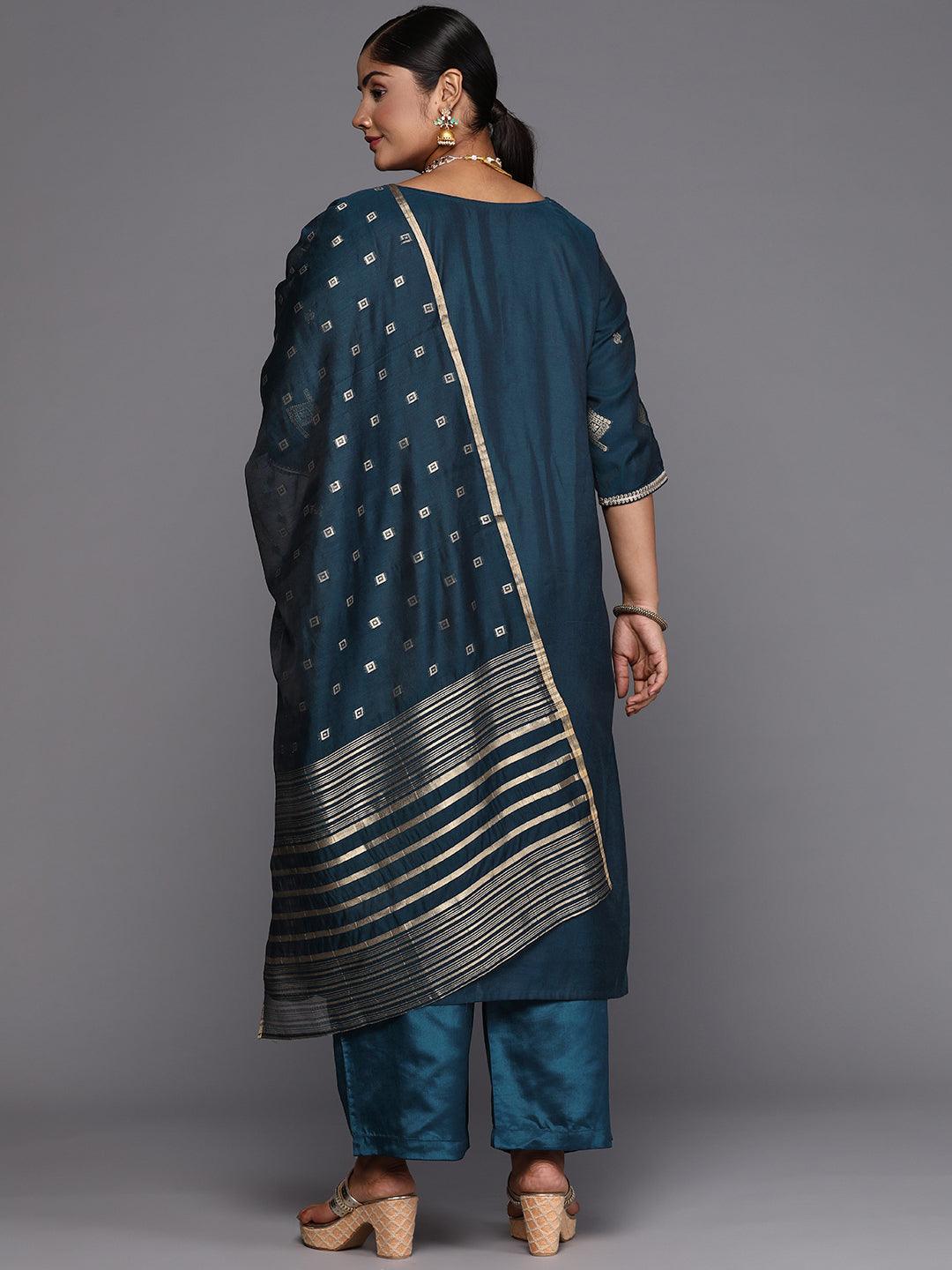 Blue Woven Design Chanderi Silk Straight Kurta With Trousers & Dupatta - ShopLibas 