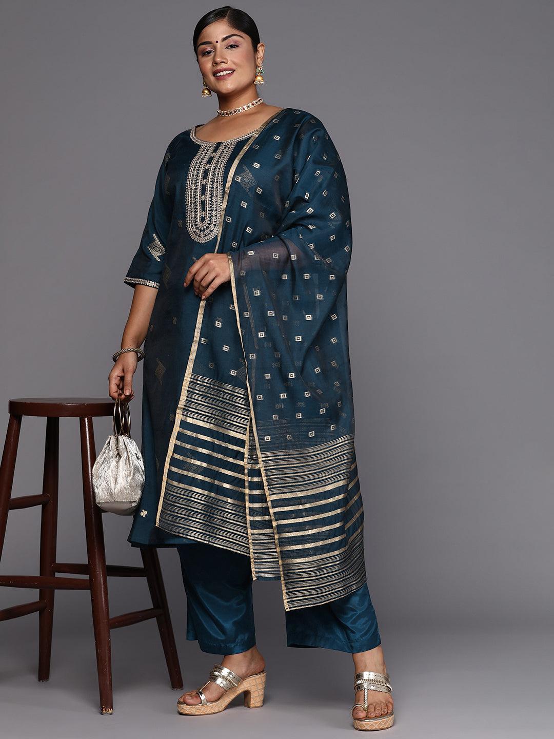 Blue Woven Design Chanderi Silk Straight Kurta With Trousers & Dupatta - ShopLibas