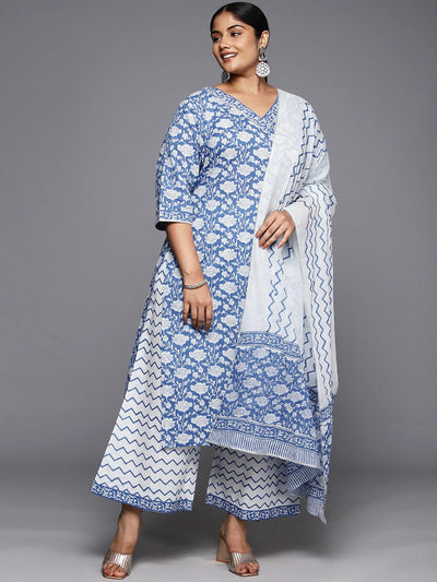 Plus Size Blue Printed Cotton Straight Kurta With Palazzos & Dupatta - ShopLibas