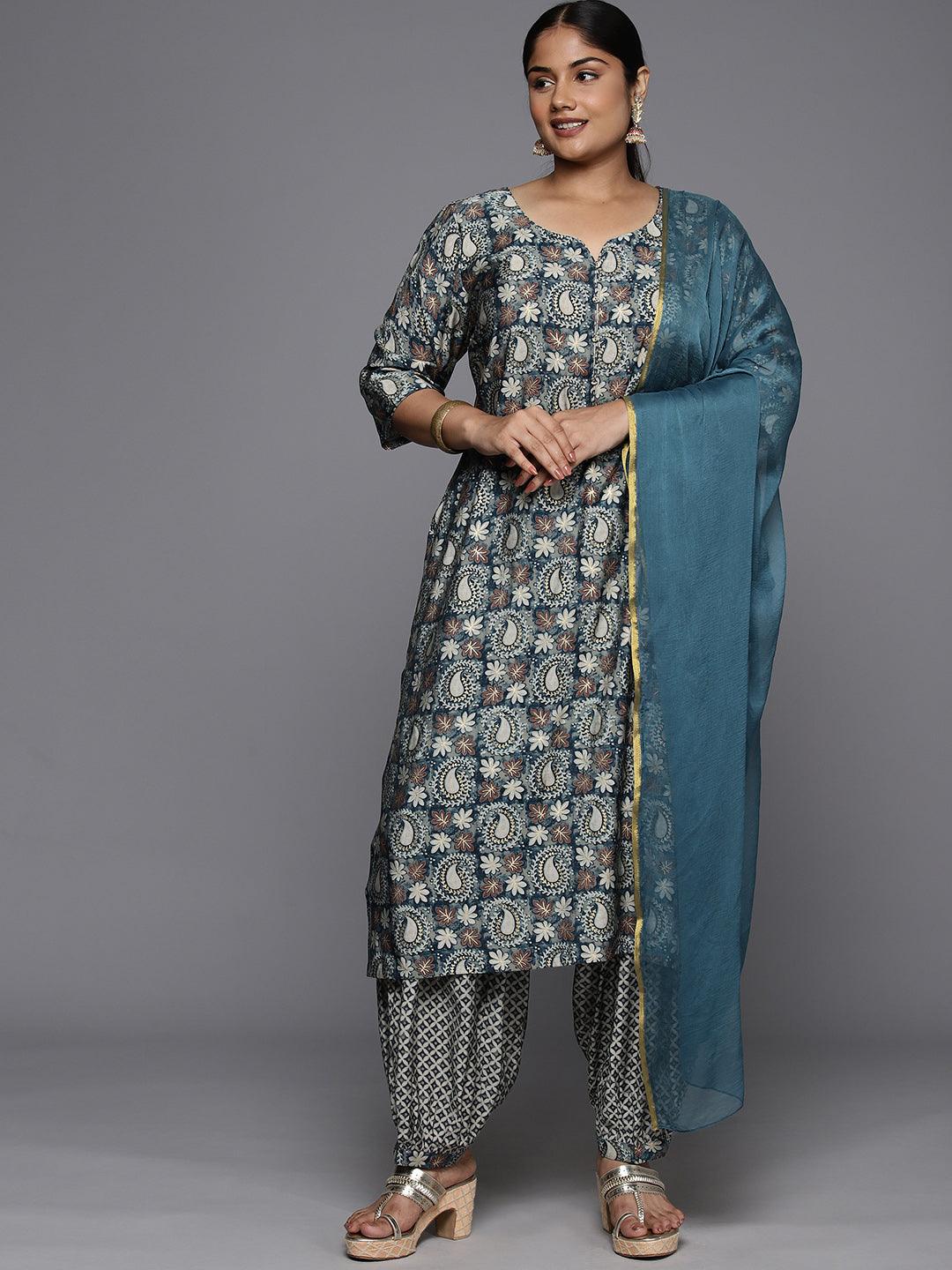 Plus Size Blue Printed Silk Blend Straight Kurta With Salwar & Dupatta - ShopLibas 