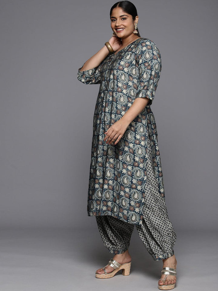 Plus Size Blue Printed Silk Blend Straight Suit With Dupatta