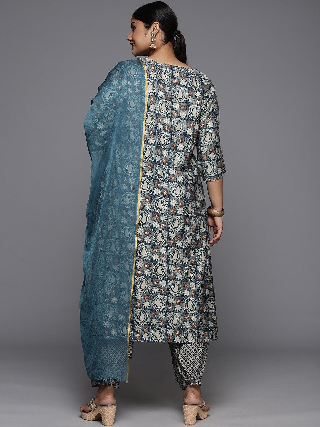 Plus Size Blue Printed Silk Blend Straight Kurta With Salwar & Dupatta - ShopLibas 