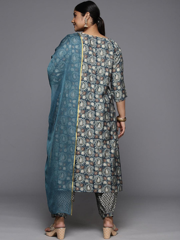 Plus Size Blue Printed Silk Blend Straight Suit With Dupatta