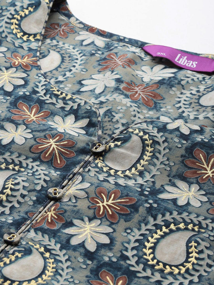 Plus Size Blue Printed Silk Blend Straight Suit With Dupatta