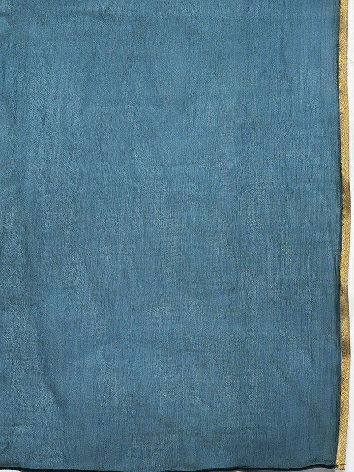 Plus Size Blue Printed Silk Blend Straight Suit With Dupatta