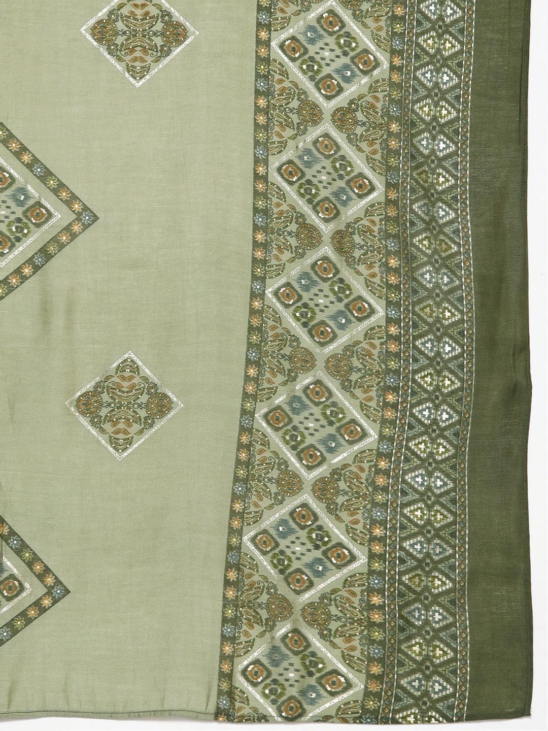 Plus Size Green Printed Silk Blend Straight Kurta With Salwar & Dupatta - ShopLibas 