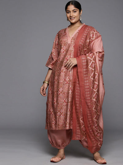 Plus Size Peach Printed Silk Blend Straight Kurta With Salwar & Dupatta - ShopLibas