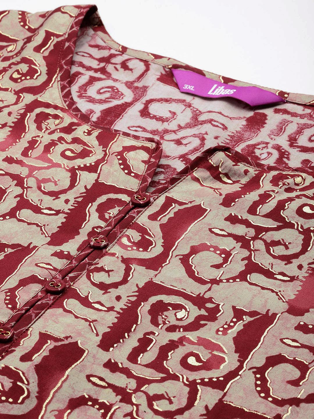 Maroon Printed Silk Blend Straight Kurta With Trousers & Dupatta - ShopLibas 