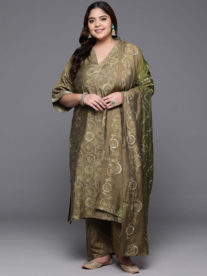 Plus Size Olive Printed Silk Blend Straight Suit With Dupatta